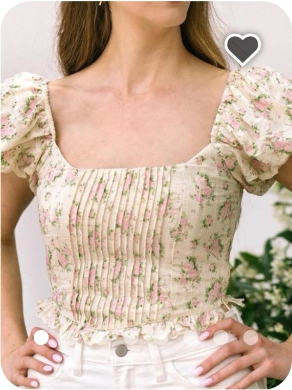 Altar'd State Cream Crop Top with Pink Green Floral Print and Puff Sleeves Sz M